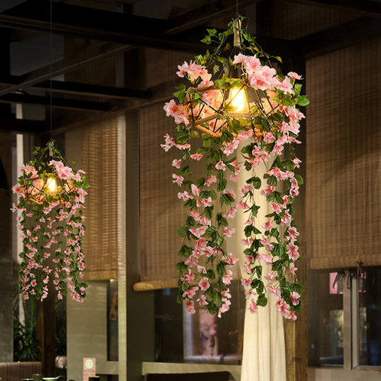 Industrial Pink Cage Chandelier with Artificial Cherry Blossom Pendant Light - Ideal for Restaurants