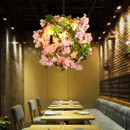 Industrial Pink Cage Chandelier with Artificial Cherry Blossom Pendant Light - Ideal for Restaurants