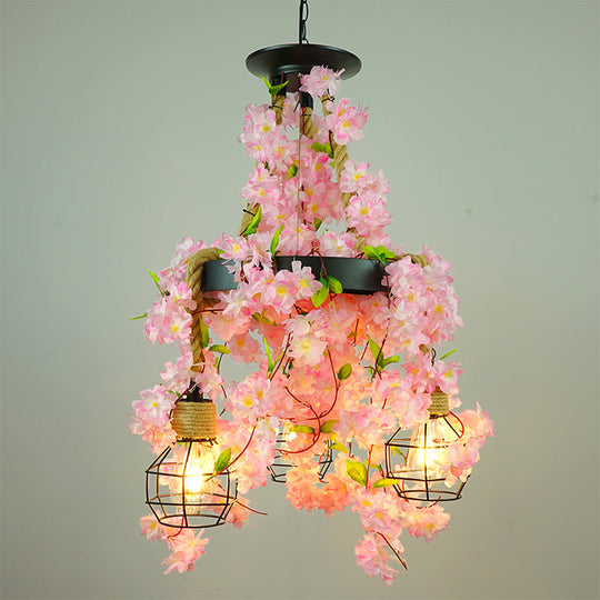 Iron Pendant Chandelier With Antique Grenade Cage And Plant Decor Perfect For Restaurants Pink