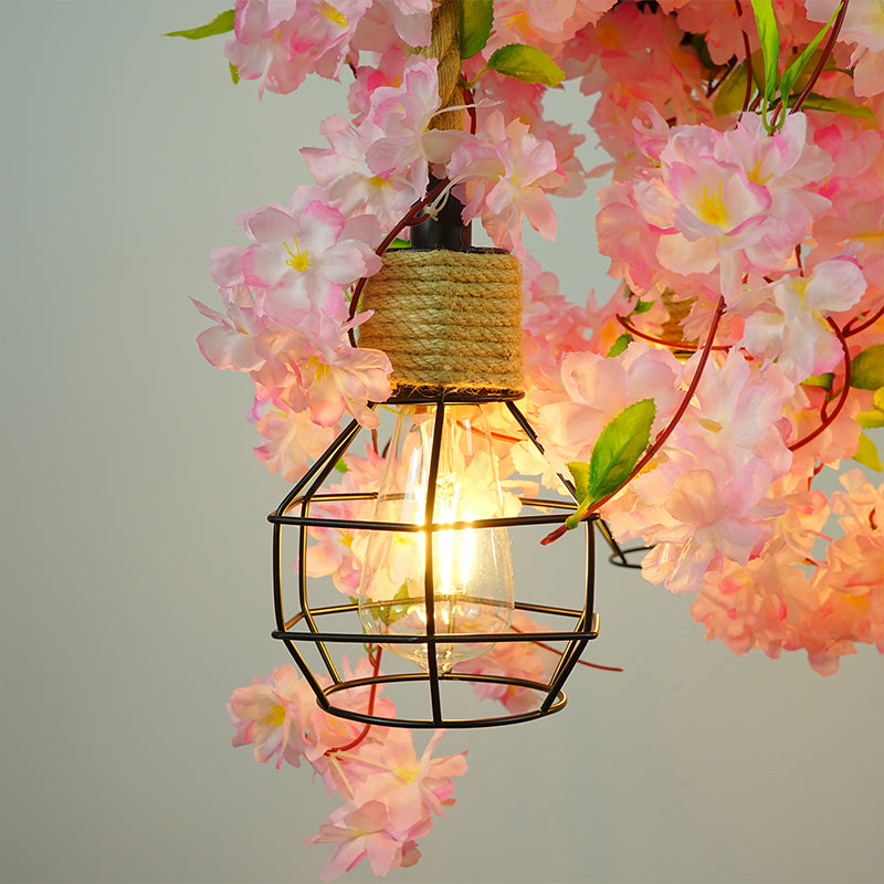 Grenade Cage Chandelier with Plant Decoration - 3 Head Iron Pendant Light for Restaurants