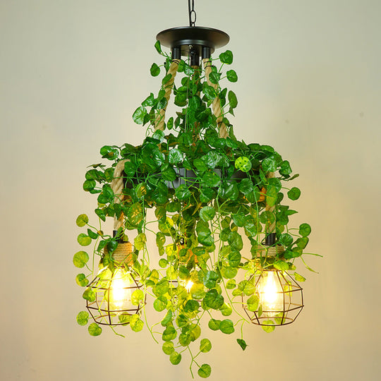 Grenade Cage Chandelier with Plant Decoration - 3 Head Iron Pendant Light for Restaurants