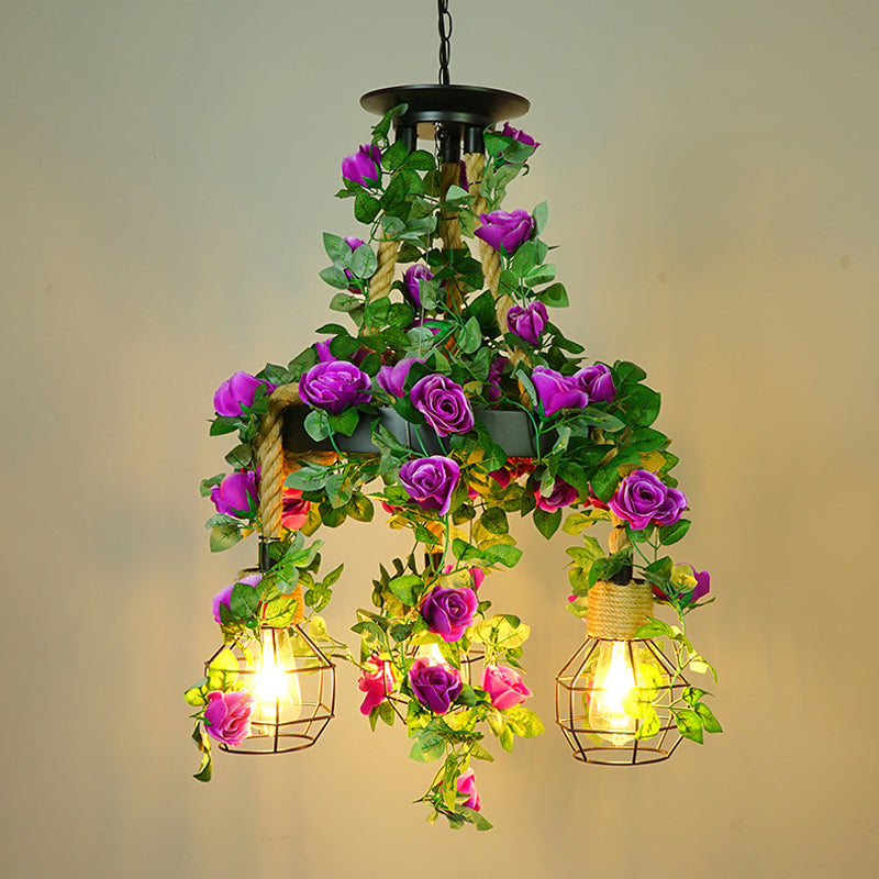 Iron Pendant Chandelier With Antique Grenade Cage And Plant Decor Perfect For Restaurants Purple