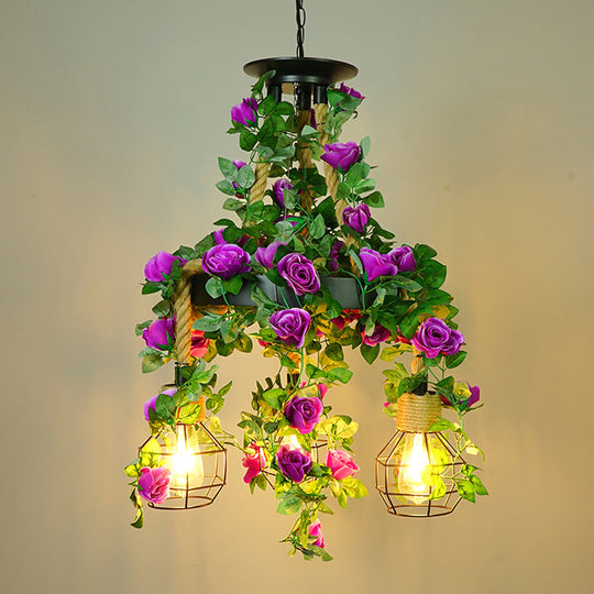 Iron Pendant Chandelier With Antique Grenade Cage And Plant Decor Perfect For Restaurants Purple