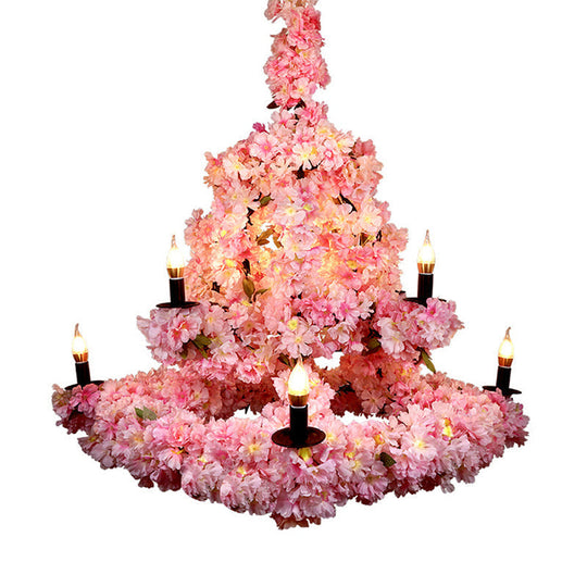 Rustic Candlestick Chandelier With 9 Bulbs Pink Cherry Blossom Decor