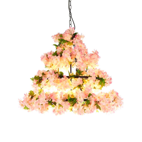 Iron Cone Cage Ceiling Lighting Industrial Chandelier With Artificial Flower - Perfect For