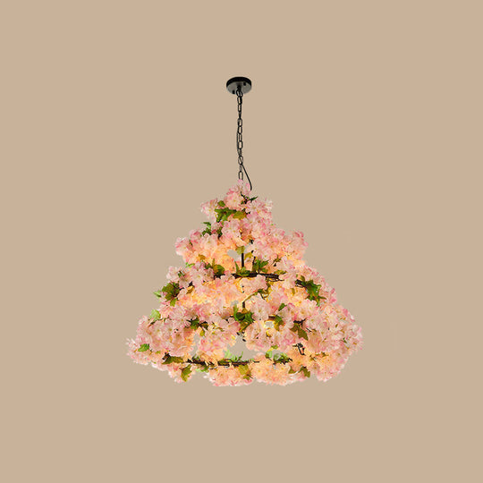 Iron Cage Ceiling Chandelier with Artificial Flower - Perfect for Industrial Restaurant Lighting