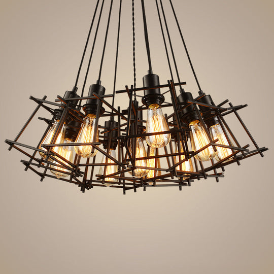 Black Metal Square Caged Chandelier - 10-Light Industrial Pendant Light for Dining Room