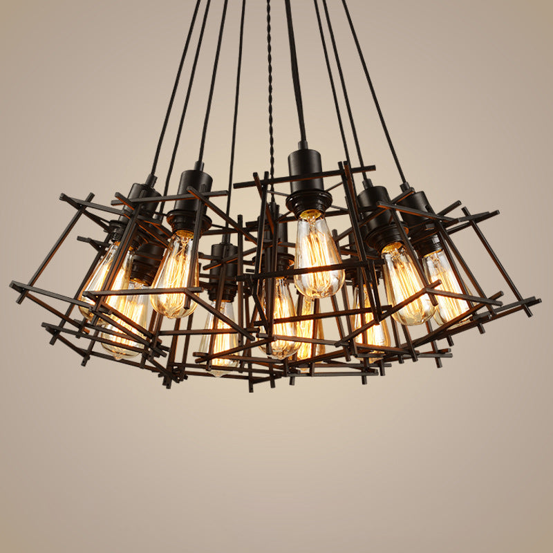 Modern Industrial Metal Square Caged 10-Light Pendant Chandelier In Black