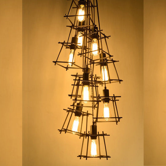 Black Metal Square Caged Chandelier - 10-Light Industrial Pendant Light for Dining Room