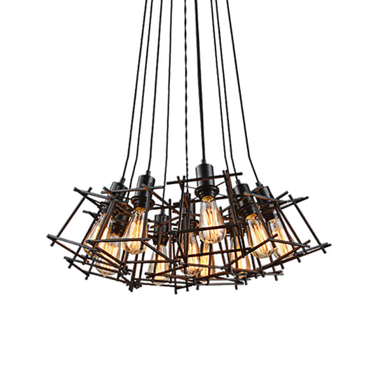 Modern Industrial Metal Square Caged 10-Light Pendant Chandelier In Black