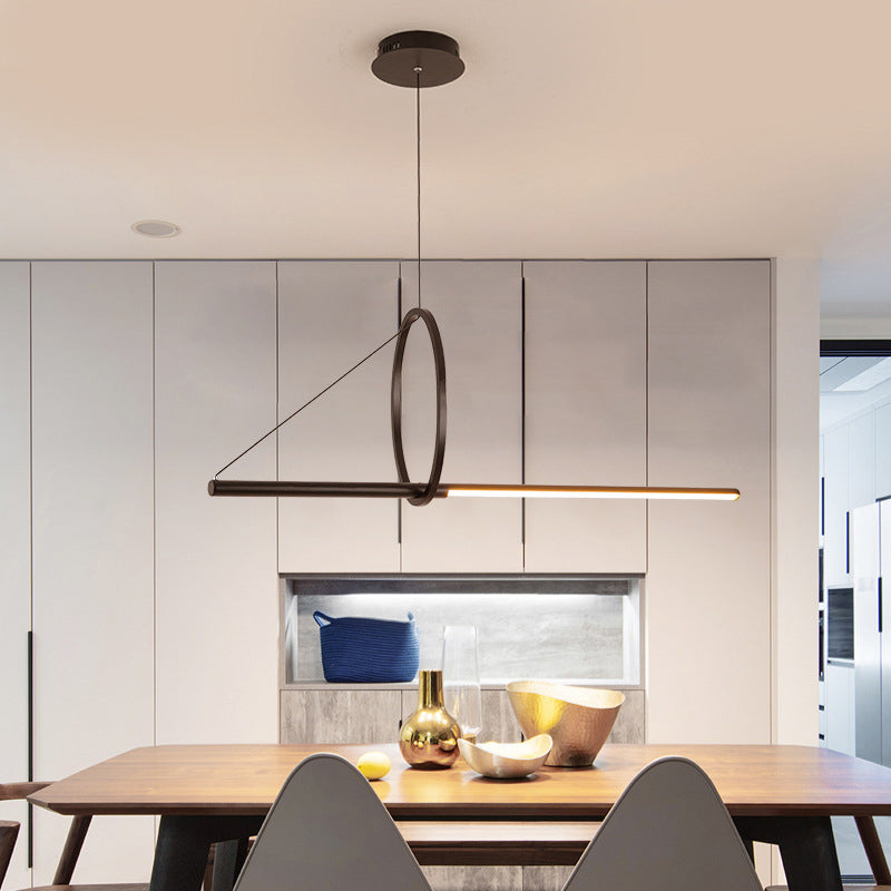 Contemporary Black Led Ceiling Light With Metal Ring And Linear Island Design For Dining Room