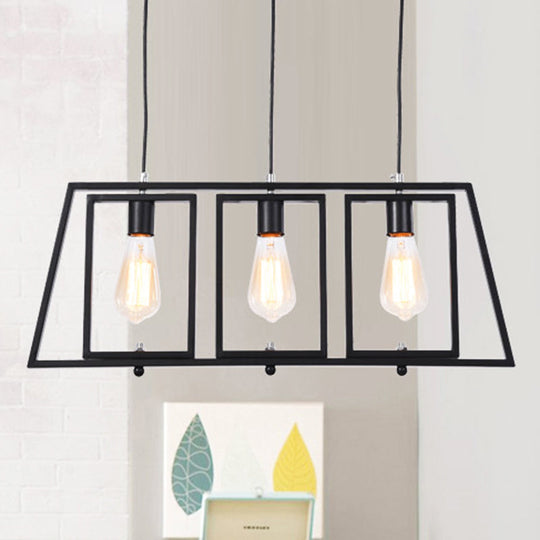 Industrial Metal Hanging Pendant Light Fixture - Trapezoid Frame 3-Light Black Rectangle Shade For