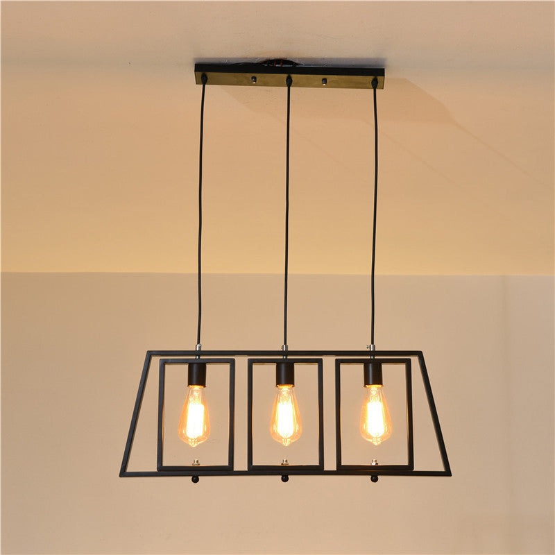 Industrial Metal Hanging Pendant Light Fixture - Trapezoid Frame 3-Light Black Rectangle Shade For