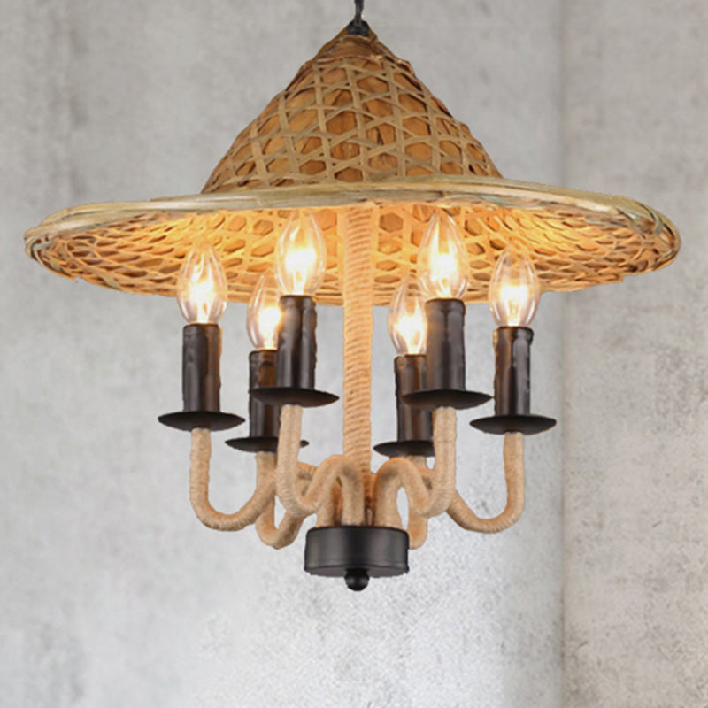 Vintage Rope Pendant Chandelier: 6-Light Black Hanging Fixture For Candle Dining Room With Cap