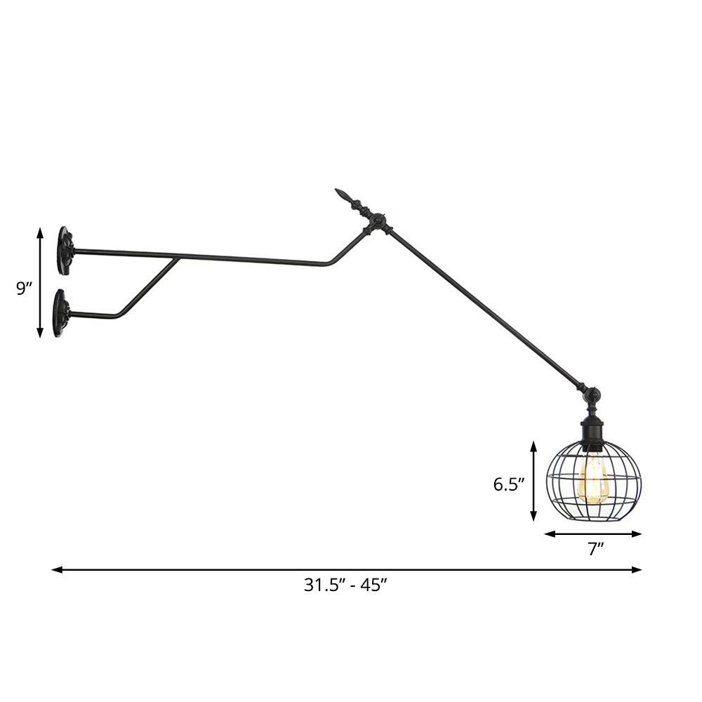 Industrial Black Metal Sconce: Single Bulb Wall Mounted Lamp With Cage