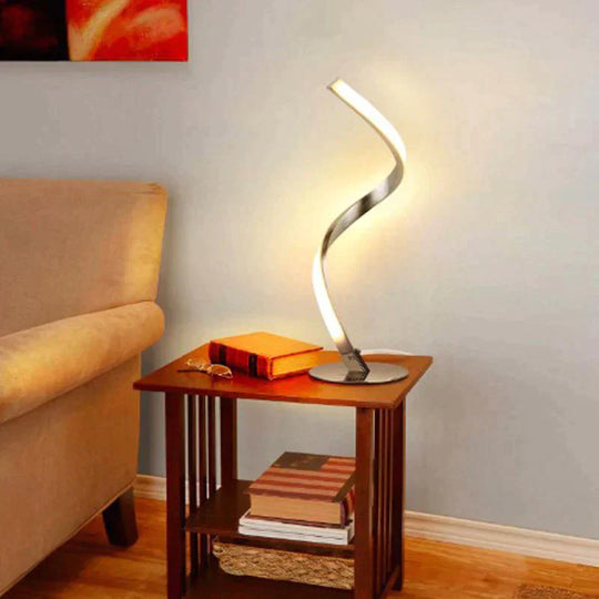 Minimalist Silver Led Nightstand Lamp - Spiral Shaped Metal Table Lighting With Single Bulb