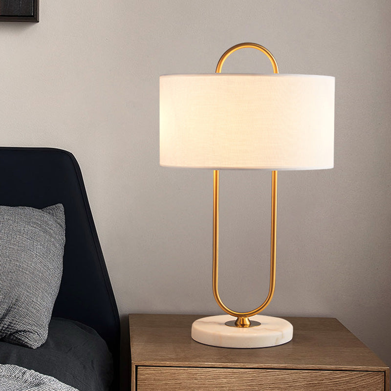 Metallic Modern Night Light: Oblong Bedside Table Lamp With Marble Base & Fabric Drum Shade