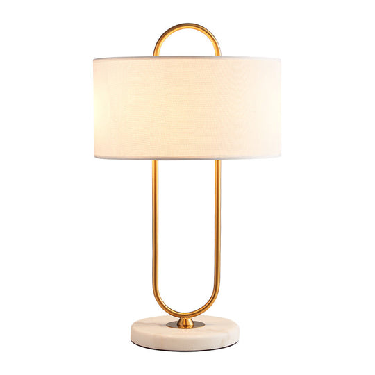 Metallic Modern Night Light: Oblong Bedside Table Lamp With Marble Base & Fabric Drum Shade