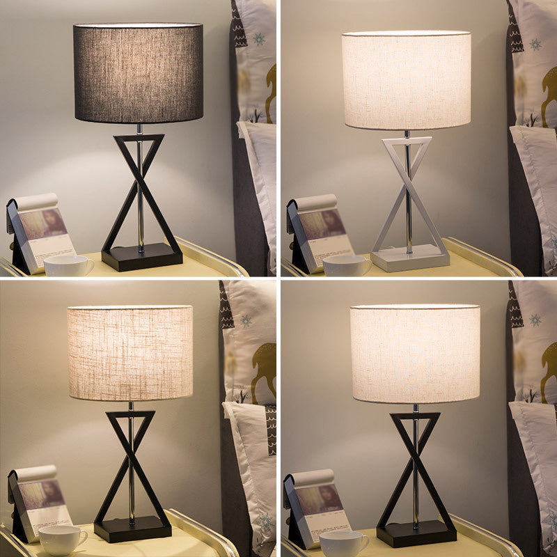 Minimalist Drum Nightstand Lamp With Hourglass Base - Single Bedside Table Light