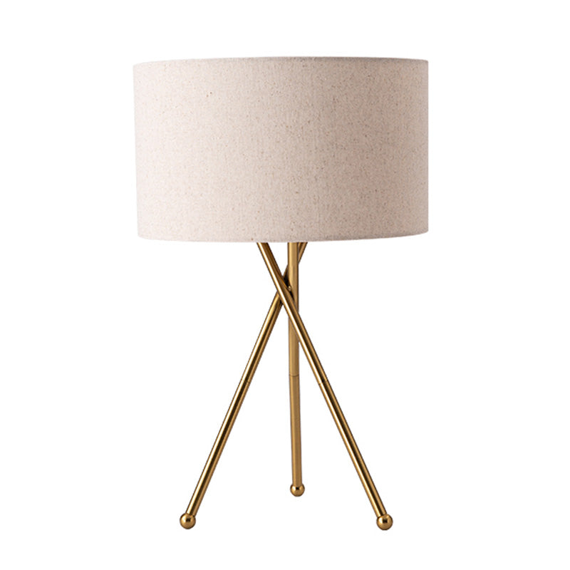 Drum Shaped Table Lamp With Metallic Tripod: Artistic Nightstand Light