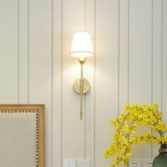 Golden Fabric Wall Sconce With Elongated Arm For Simplistic Bedroom Lighting