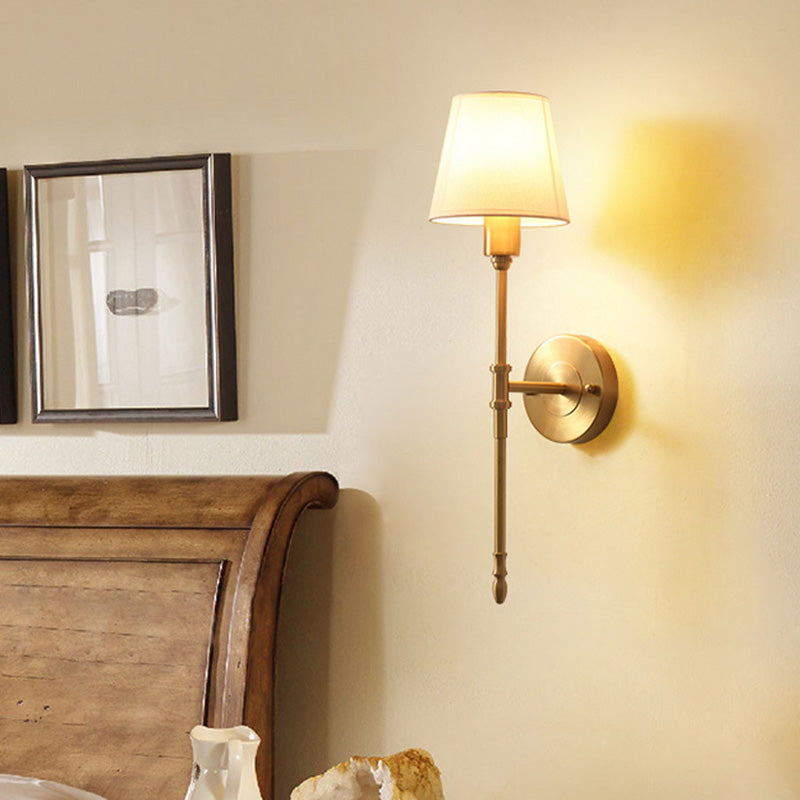 Classic Bronze Wall Sconce Light - Metallic Bedside Mount With Fabric Cone Shade