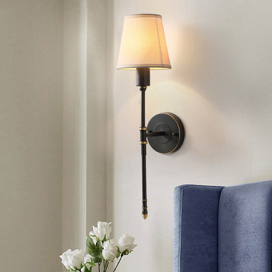 Metallic Black Sconce With Tapered Fabric Shade - Elegant Bedside Wall Fixture