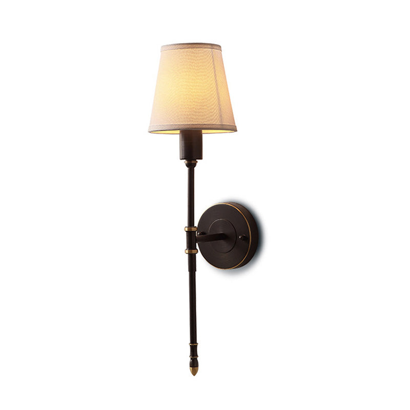 Metallic Black Sconce With Tapered Fabric Shade - Elegant Bedside Wall Fixture