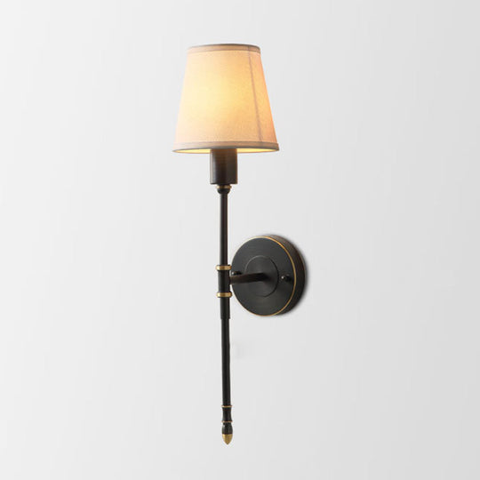 Metallic Black Sconce With Tapered Fabric Shade - Elegant Bedside Wall Fixture