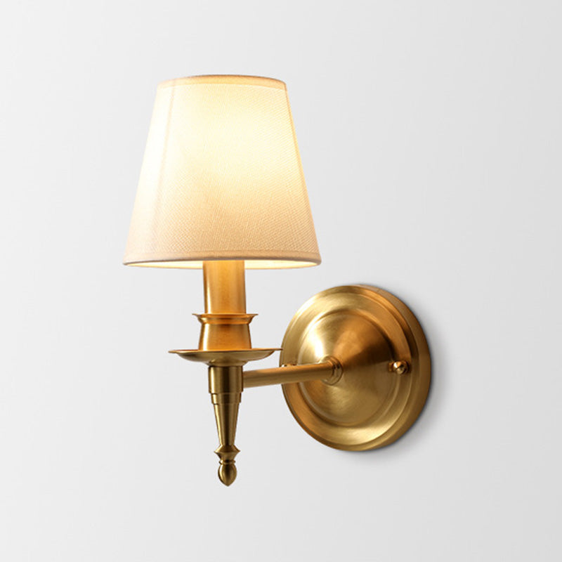 Gold Cone Wall Sconce With Single-Bulb Fabric Mount For Minimalist Lighting / A