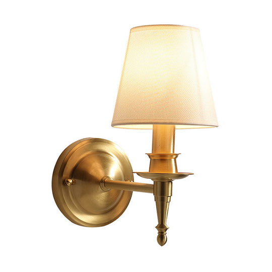 Gold Cone Wall Sconce With Single-Bulb Fabric Mount For Minimalist Lighting