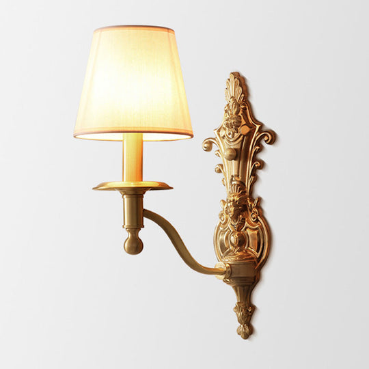 Gold Cone Wall Sconce With Single-Bulb Fabric Mount For Minimalist Lighting / B