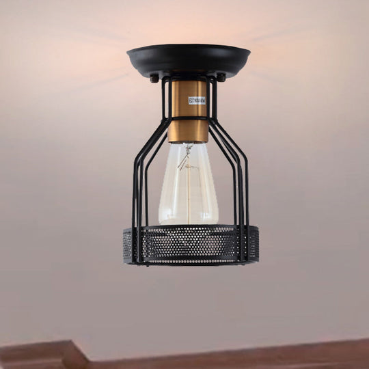 Sleek Black Metal Ceiling Light with Wire Mesh for Industrial Décor - Single Bulb Semi Flush Mount