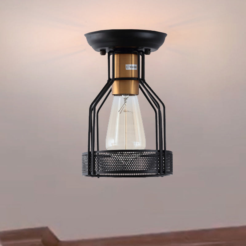 Sleek Black Metal Ceiling Light With Wire Mesh For Industrial Décor - Single Bulb Semi Flush Mount