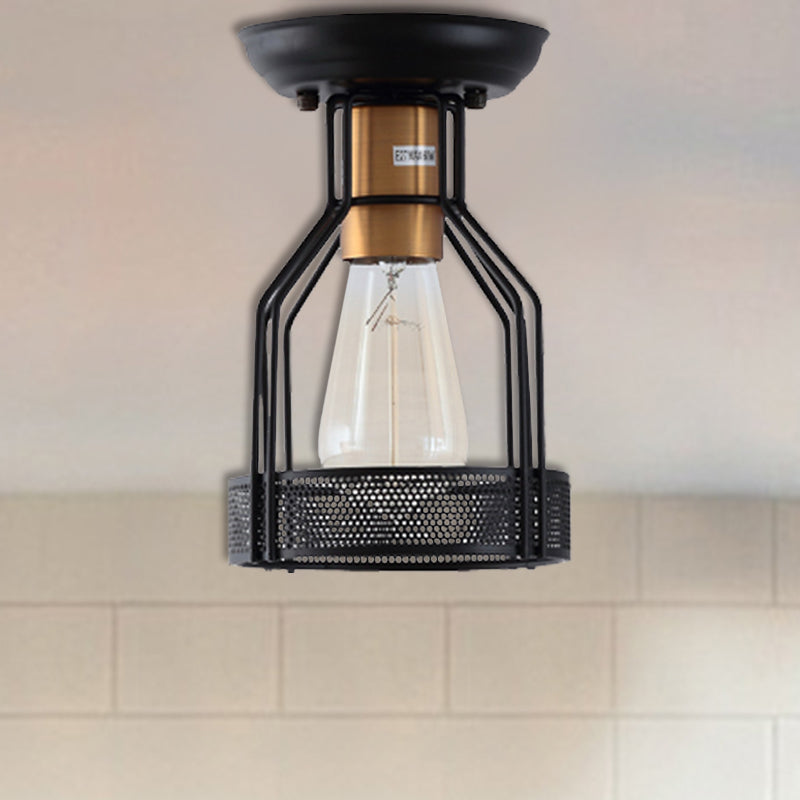 Sleek Black Metal Ceiling Light with Wire Mesh for Industrial Décor - Single Bulb Semi Flush Mount