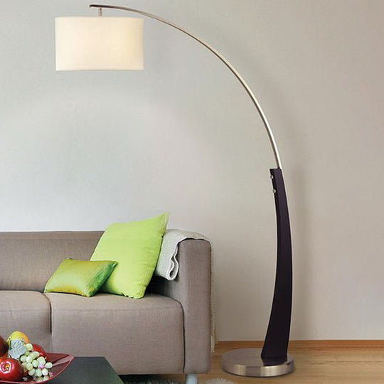 Arched Fishing Rod Lamp - Elegant 1-Light Metal Floor Light With Drum Fabric Shade In Black