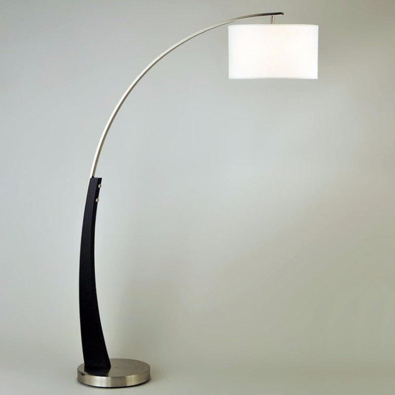 Arched Fishing Rod Lamp - Elegant 1-Light Metal Floor Light With Drum Fabric Shade In Black