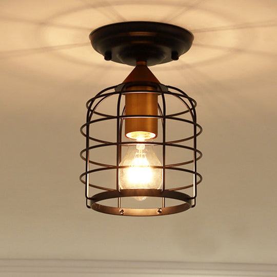 Sleek Black Industrial Metal Cylinder Semi Flush Light with Cage for Corridor - Ceiling Mounted