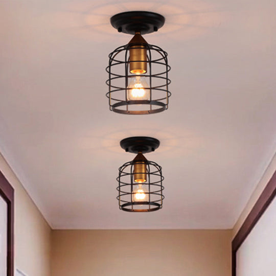 Sleek Black Industrial Metal Cylinder Semi Flush Light with Cage for Corridor - Ceiling Mounted