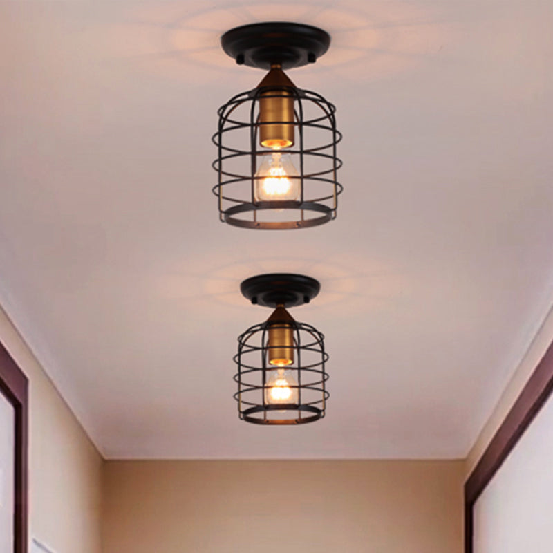 Sleek Black Industrial Metal Cylinder Semi Flush Light With Cage For Corridor - Ceiling Mounted