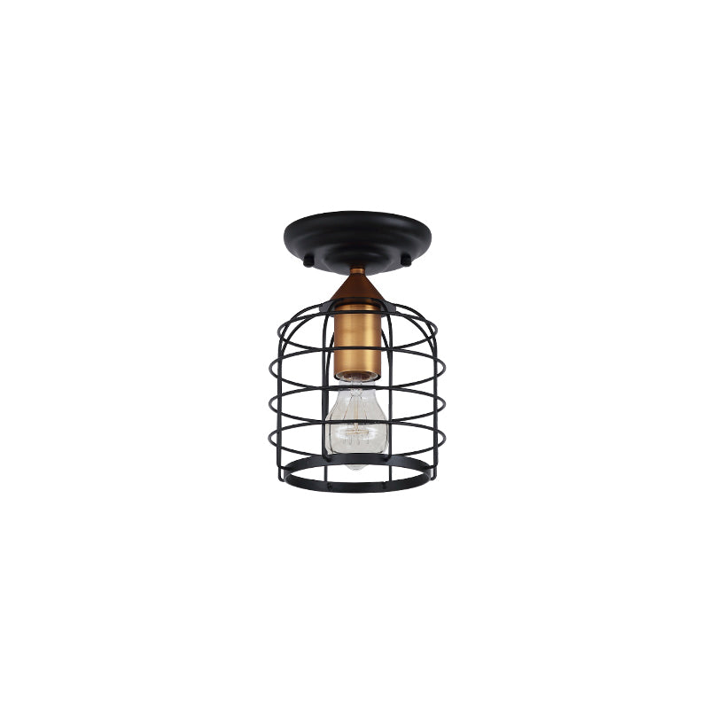 Sleek Black Industrial Metal Cylinder Semi Flush Light with Cage for Corridor - Ceiling Mounted