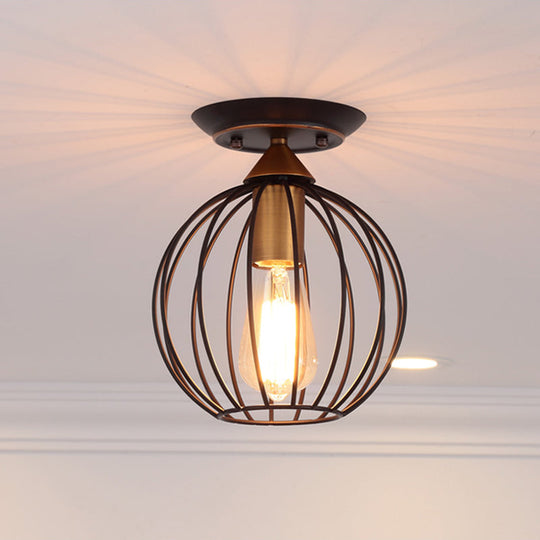 Industrial Semi Flush Ceiling Light with Caged Globe Shade - Black Metal Finish