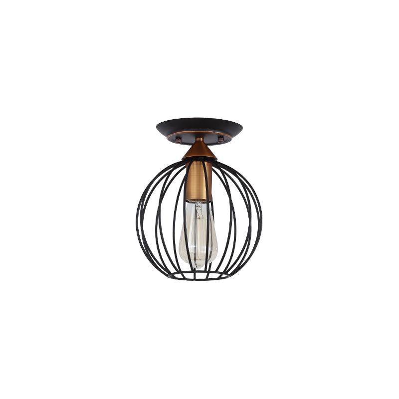 Industrial Semi Flush Ceiling Light with Caged Globe Shade - Black Metal Finish