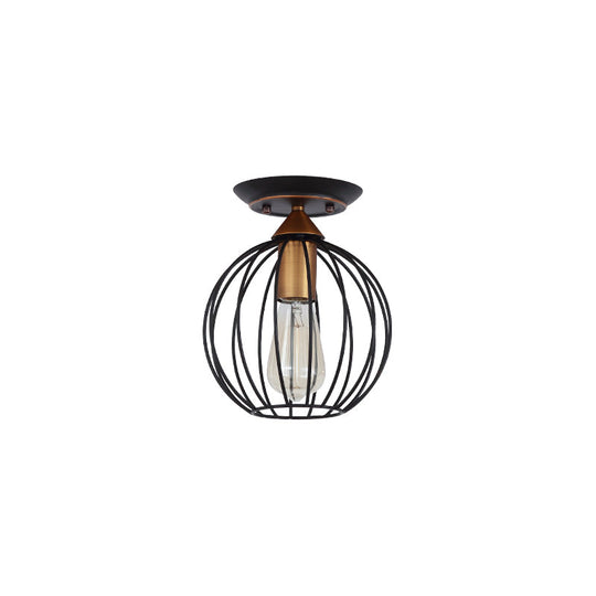 Industrial Semi Flush Ceiling Light With Caged Globe Shade - Black Metal Finish