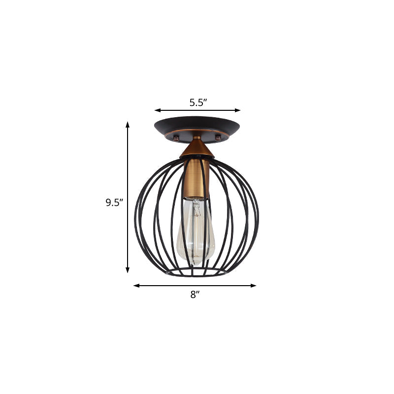 Industrial Semi Flush Ceiling Light with Caged Globe Shade - Black Metal Finish