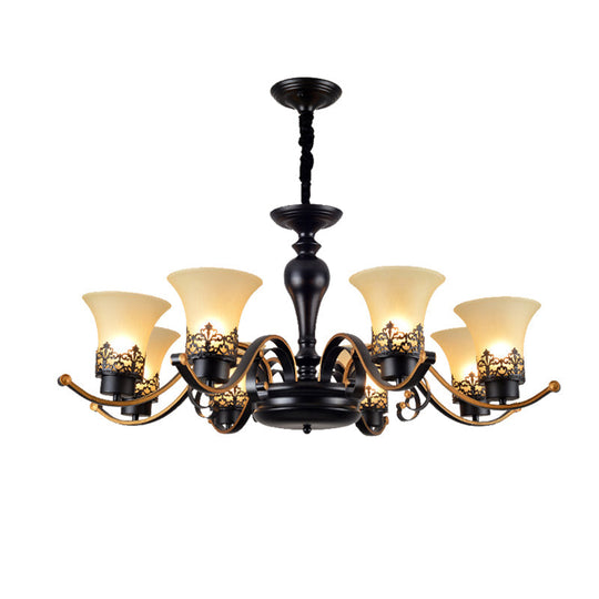 Traditional Bell Frosted Glass Chandelier Pendant Light For Living Room - Black 3/6/8 Lights