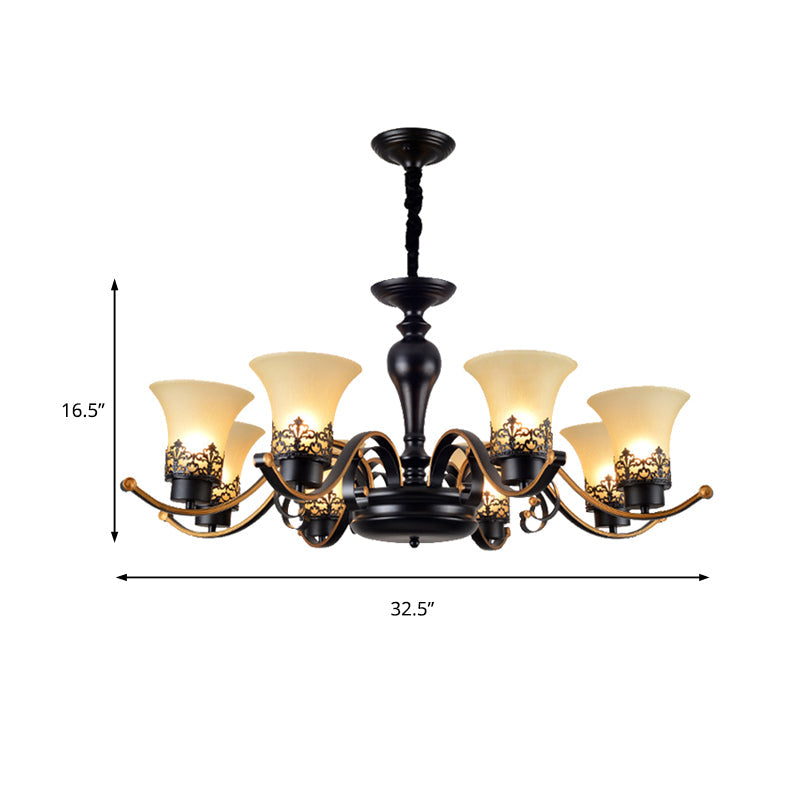 Traditional Bell Frosted Glass Chandelier Pendant Light For Living Room - Black 3/6/8 Lights