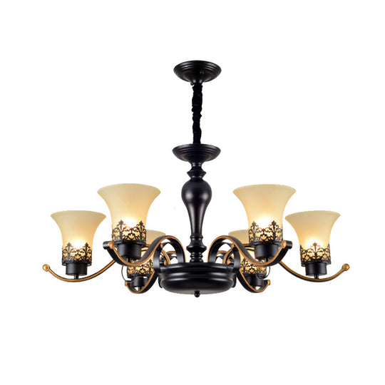 Traditional Bell Frosted Glass Chandelier Pendant Light For Living Room - Black 3/6/8 Lights