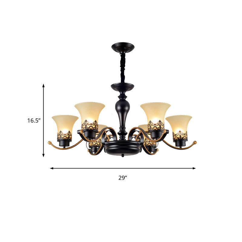 Traditional Bell Frosted Glass Chandelier Pendant Light For Living Room - Black 3/6/8 Lights