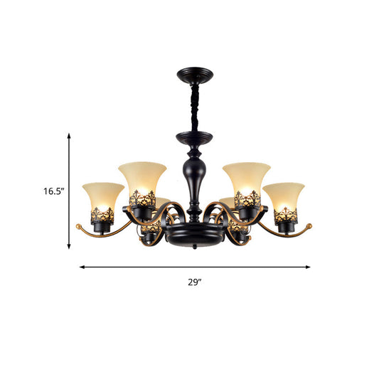 Traditional Bell Frosted Glass Chandelier Pendant Light For Living Room - Black 3/6/8 Lights